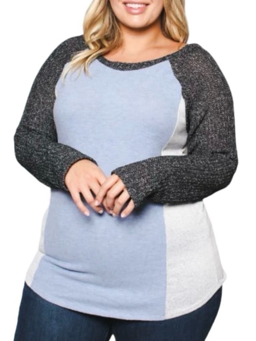 MAI SOLI Two Tone Knit Long Sleeve Scoop Neck Top